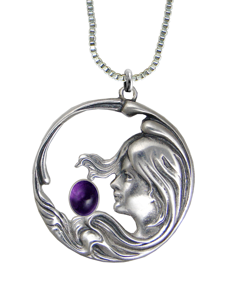 Sterling Silver Woman Maiden of the Wind Pendant With Amethyst